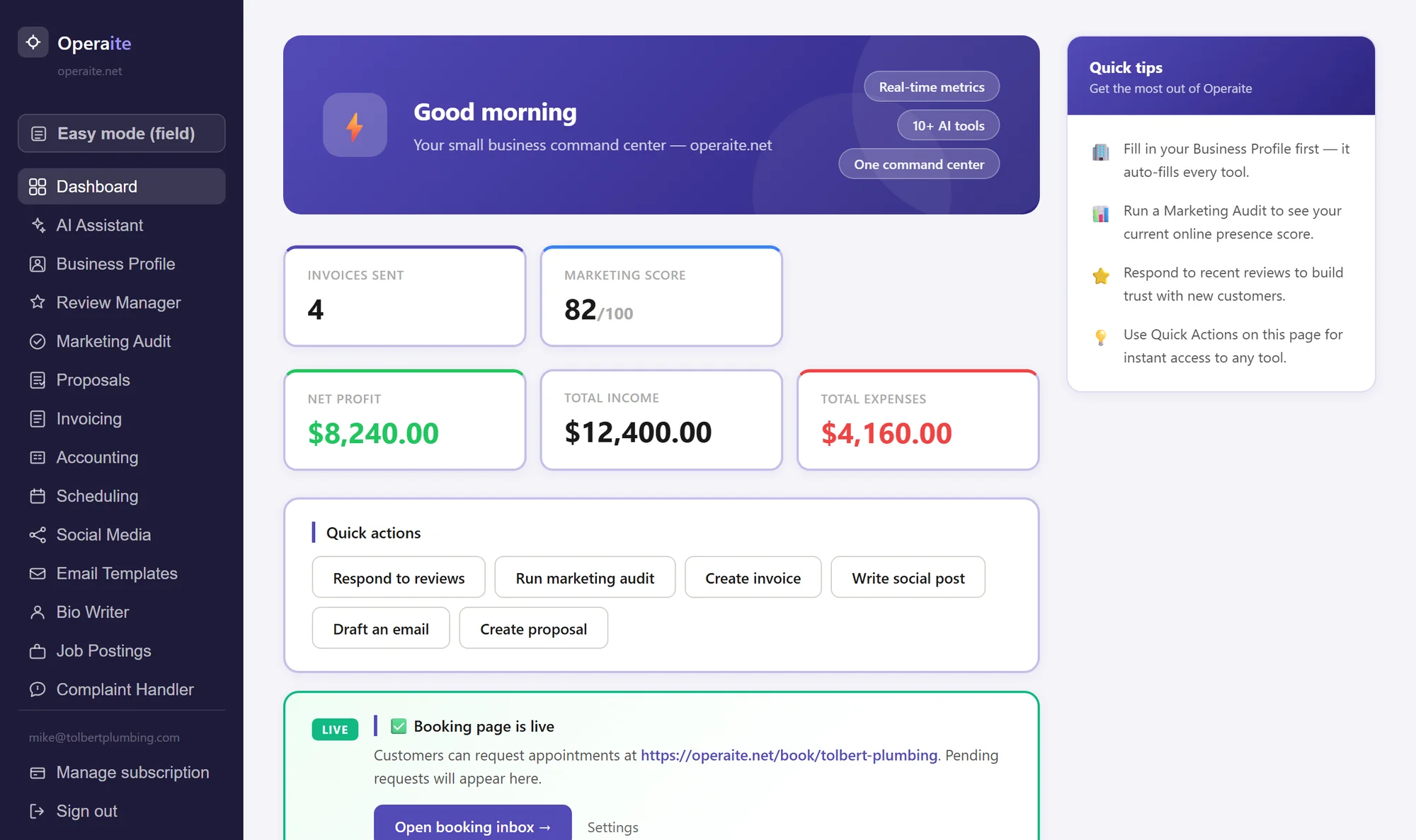 The Operaite dashboard after signing in: invoices sent, marketing score, net profit, quick actions and the live booking page card