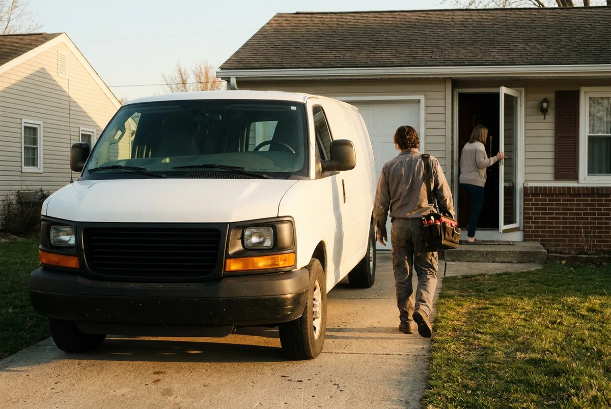 Service van in a driveway as the technician walks to the door