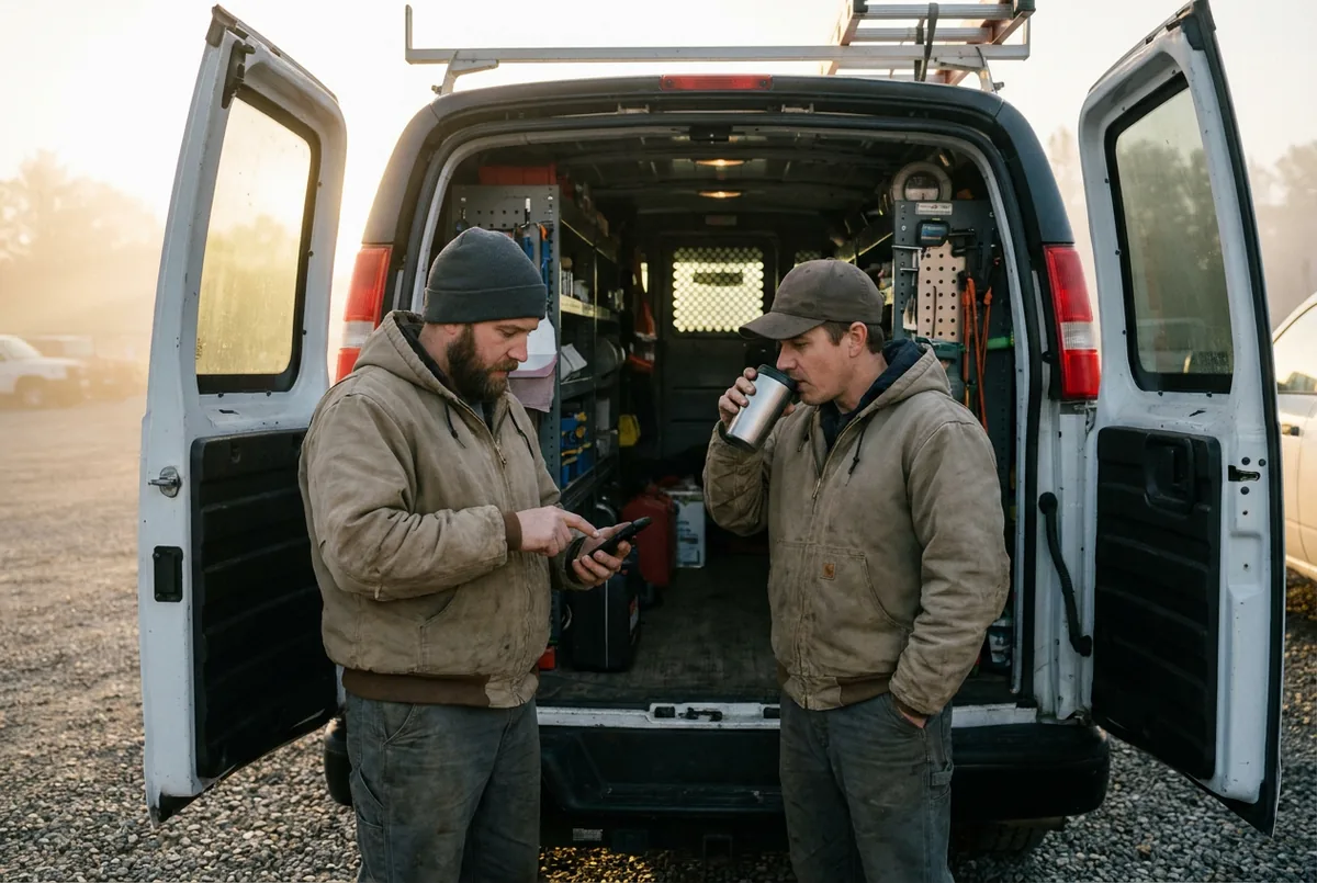 Two technicians planning the day at the back of a work van