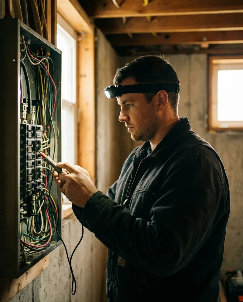 Electrician working in an open breaker panel