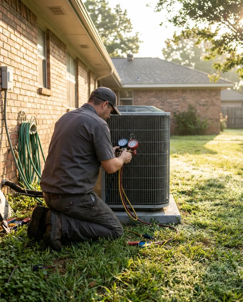 HVAC technician servicing an outdoor condenser
