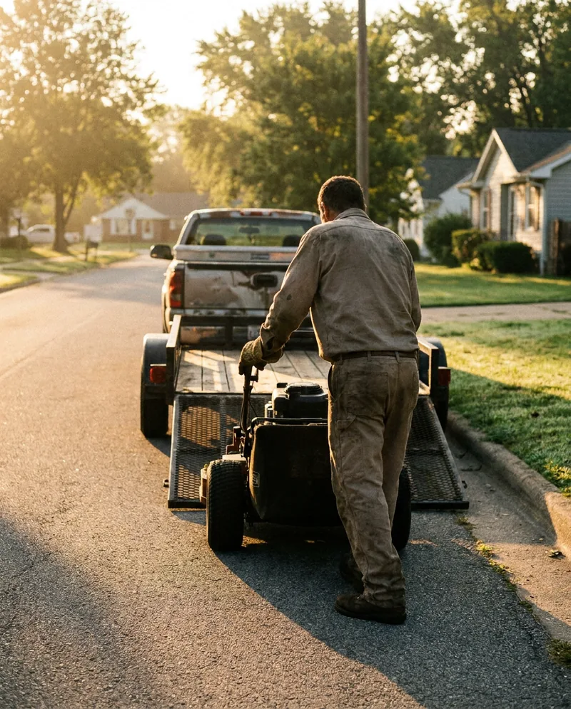 Landscaper unloading a mower from a trailer at dawn