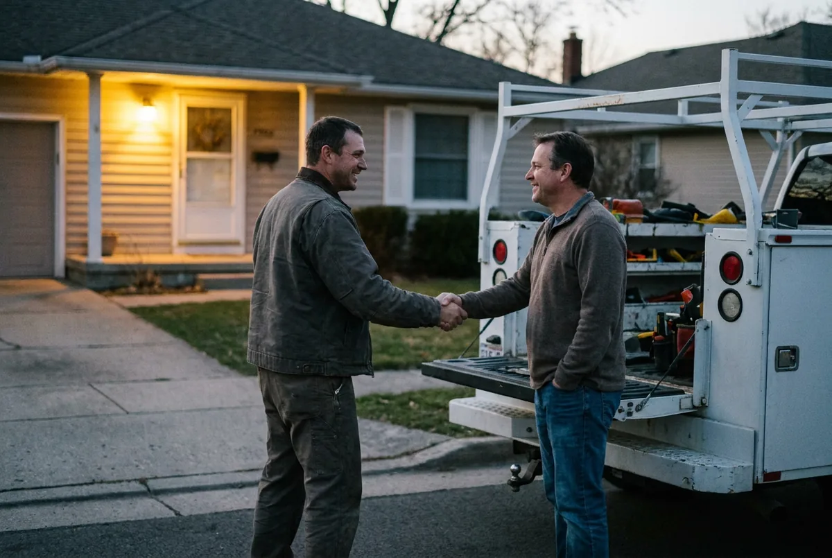 Technician showing a homeowner the invoice on a phone in the driveway