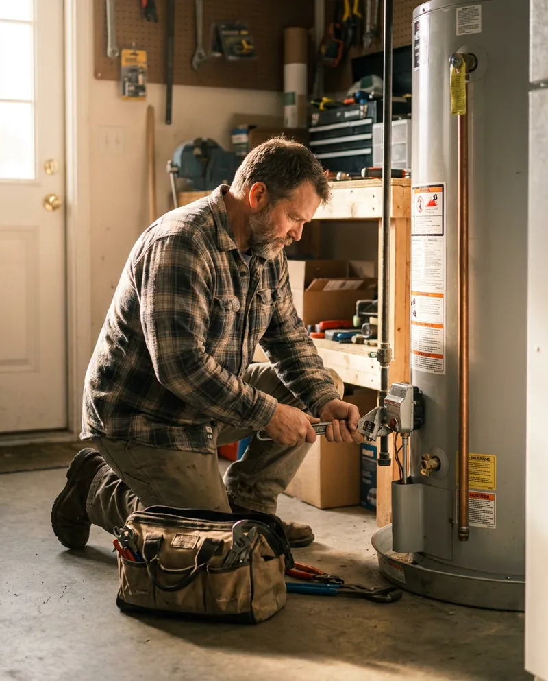Plumber replacing a residential water heater